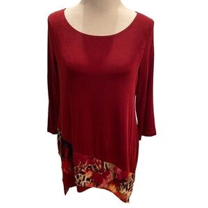 Chicos Travelers Maroon Top With Asymmetrical Hemline with Printed Floral Mesh